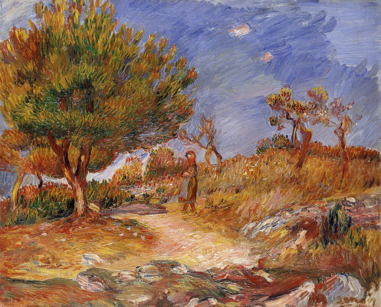 Jente på vei; Ung pike på stien, ca. 1882-83 av Pierre Auguste Renoir
