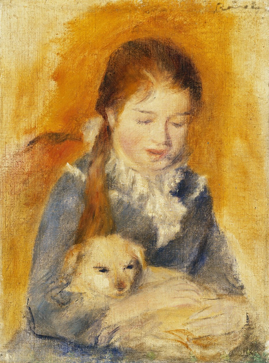 Jente med hund; Fillette au Chien, ca. 1875 (olje på lerret) av Pierre Auguste Renoir