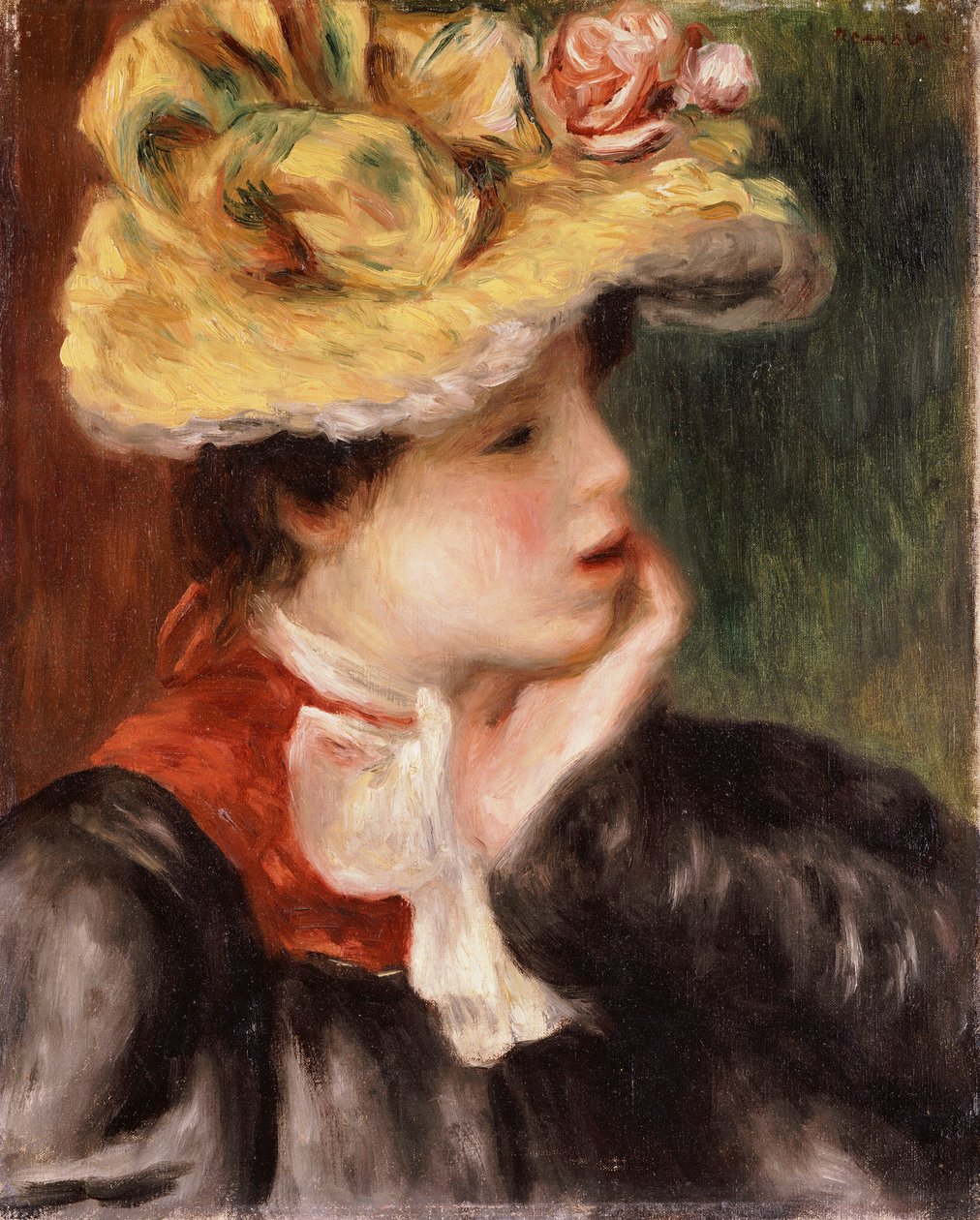 Hodet til en jente med en gul hatt av Pierre Auguste Renoir
