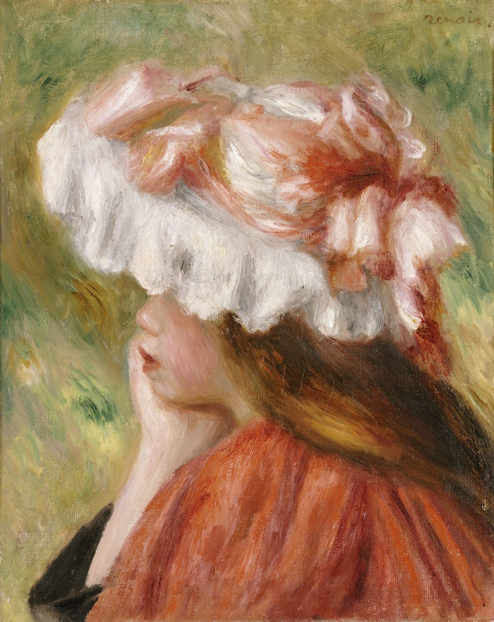 Hodet til en ung jente i en rød hatt av Pierre Auguste Renoir