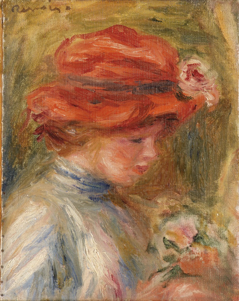 ung kvinne i rød hatt av Pierre Auguste Renoir