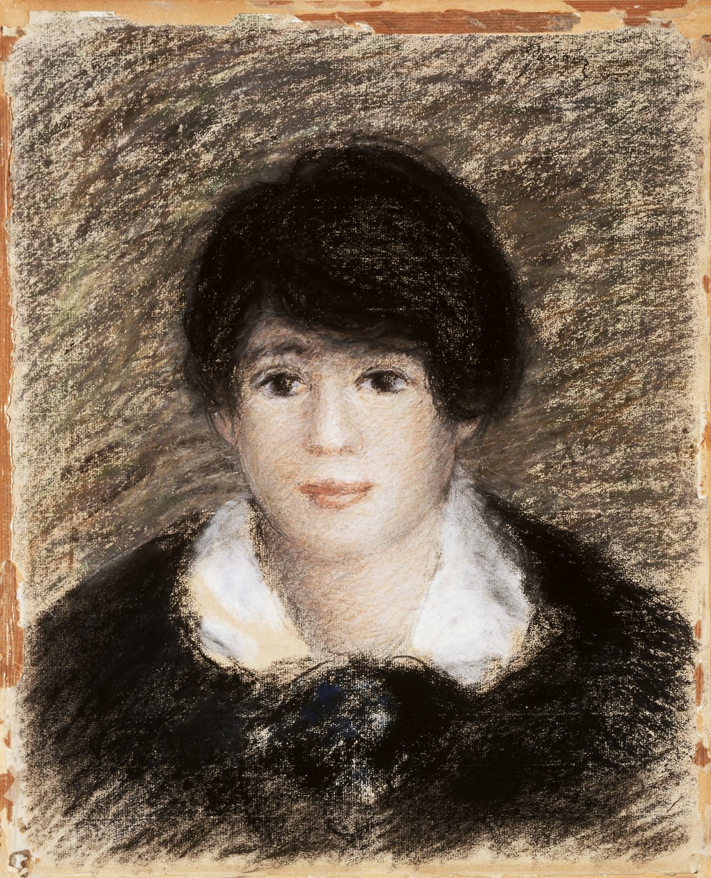 Ung kvinne, sett fra ansiktet, iført svart kjole og hvit krage. Tegning av Pierre Auguste (Pierre-Auguste) Renoir (1841–1919). av Pierre Auguste Renoir