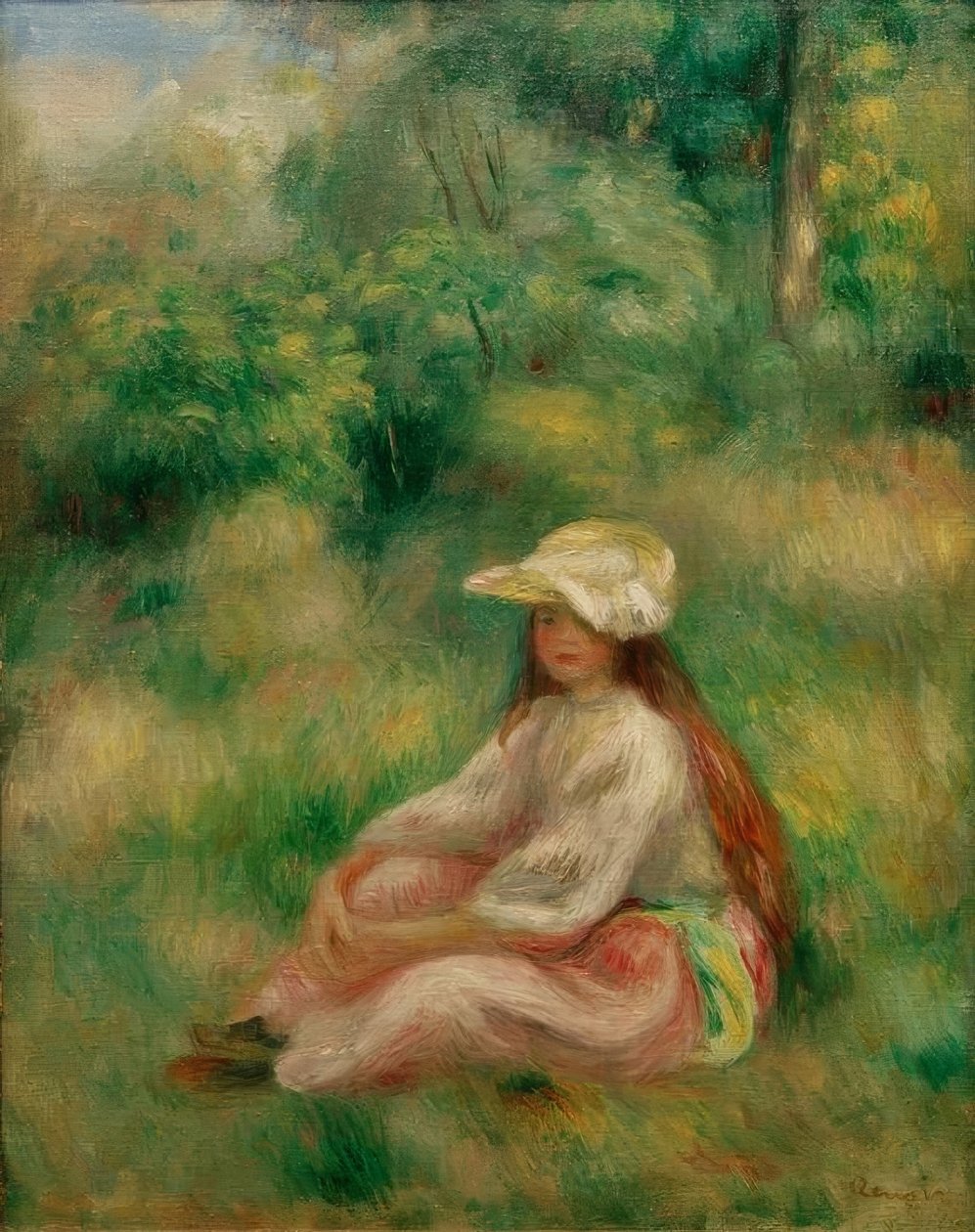 Jente i rosa i et landskap av Pierre Auguste Renoir