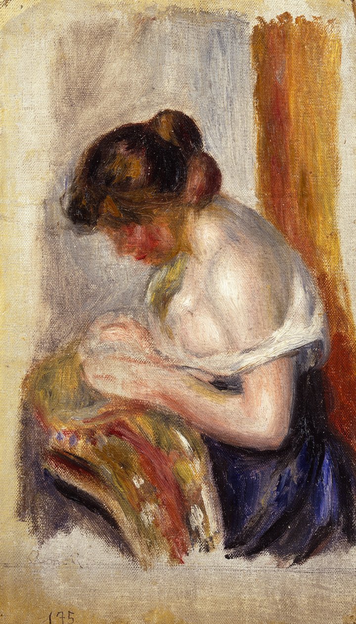 La Couseuse (olje på lerret) av Pierre Auguste Renoir