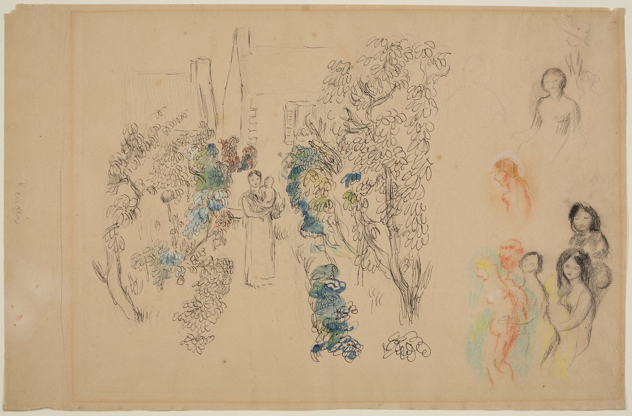 Landskap og figurer (blyant, blekk, wc og fargestift på papir) av Pierre Auguste Renoir