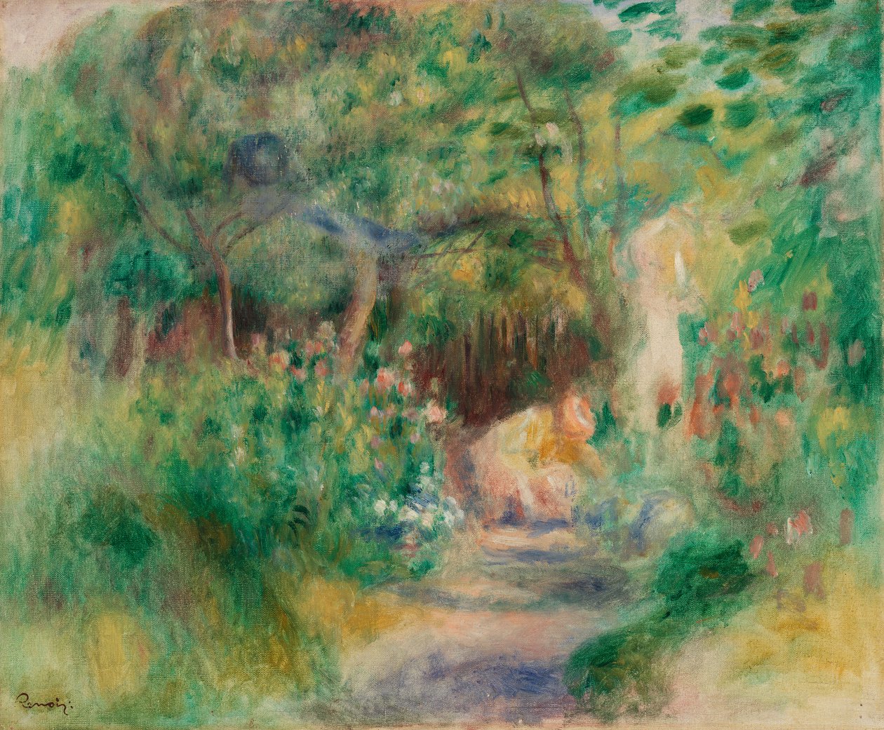 Landskap med kvinnehagearbeid av Pierre Auguste Renoir