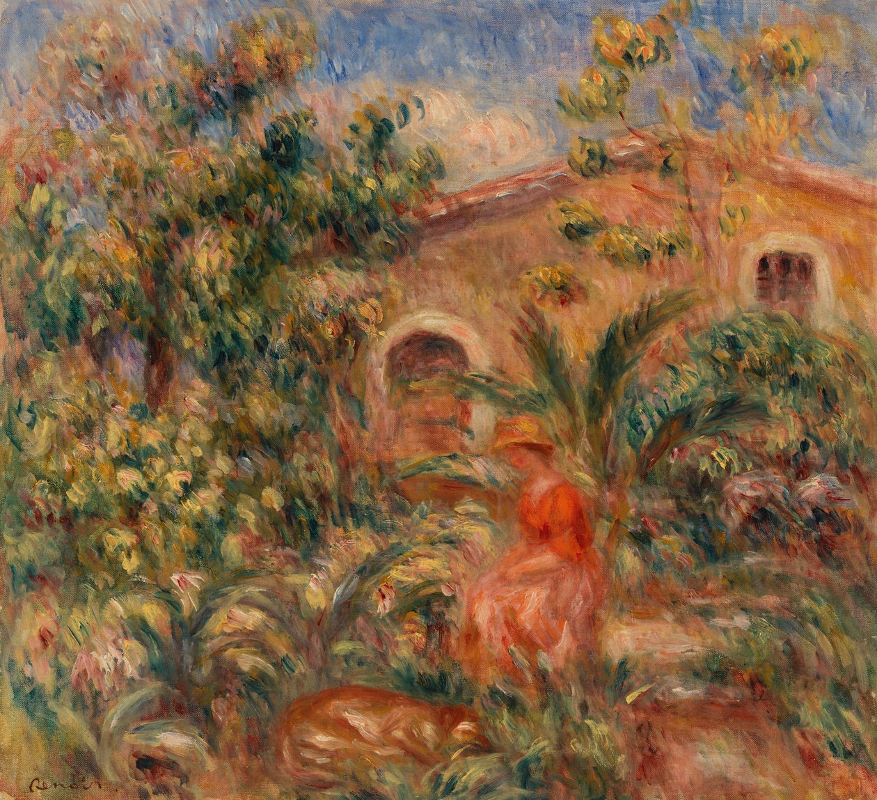 Landskap med kvinne og hund av Pierre Auguste Renoir