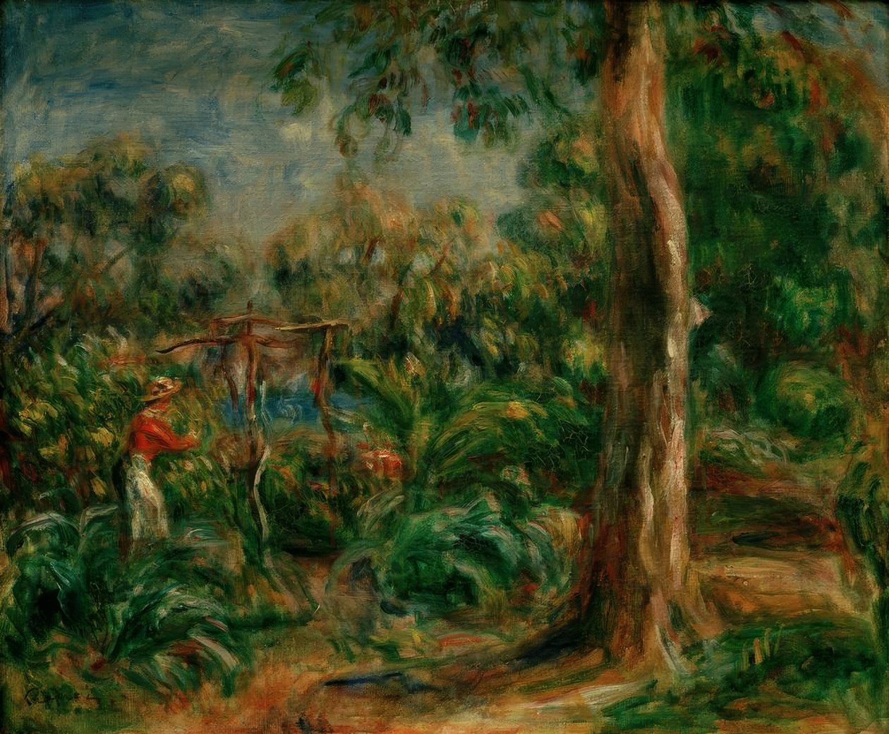 Det store treet. Kvinne med rød bodice i hagen til Ca av Pierre Auguste Renoir
