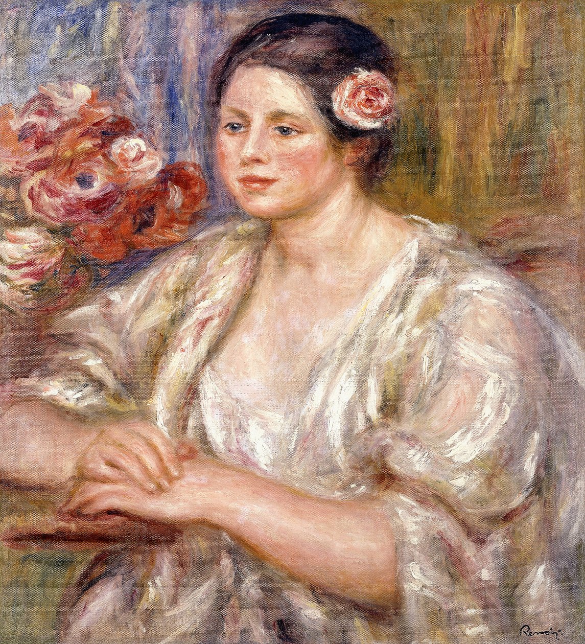 Madeleine i en hvit bluse og blomsterbukett, ca. 1915-1919 av Pierre Auguste Renoir