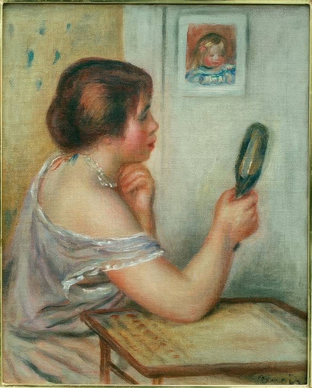 Marie Dupuis holder et speil med et portrett av Coco av Pierre Auguste Renoir