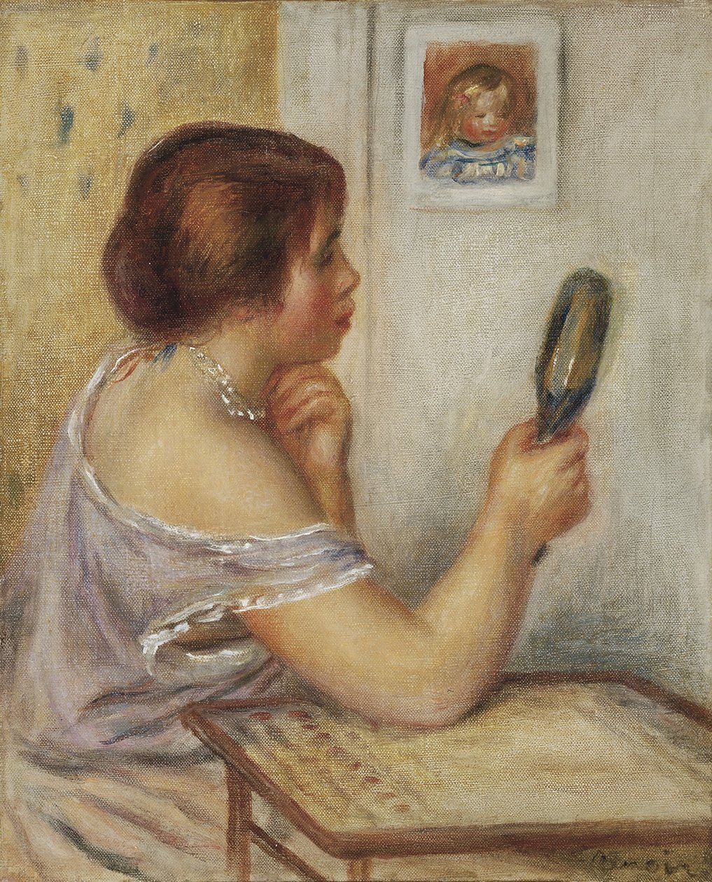 Marie Dupuis holder et speil med et portrett av Coco av Pierre Auguste Renoir