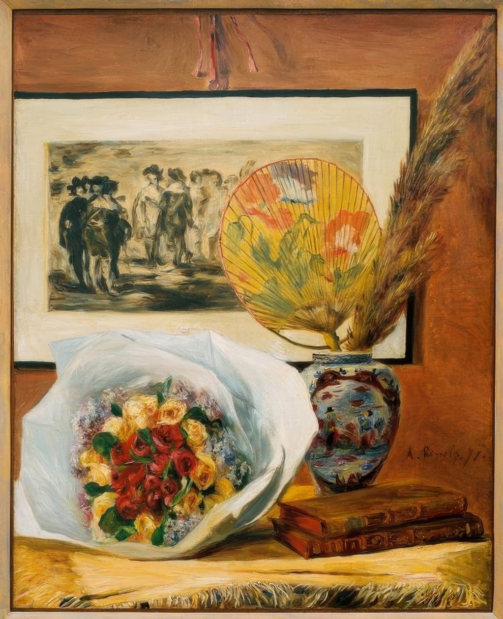 Stilleben med bukett og vifte av Pierre Auguste Renoir