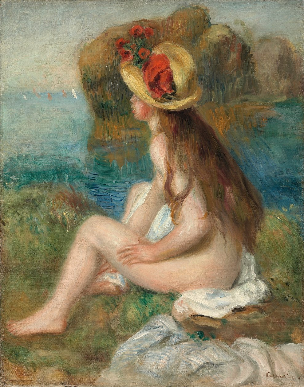 Naken med stråhatt ved siden av havet, 1892 av Pierre Auguste Renoir