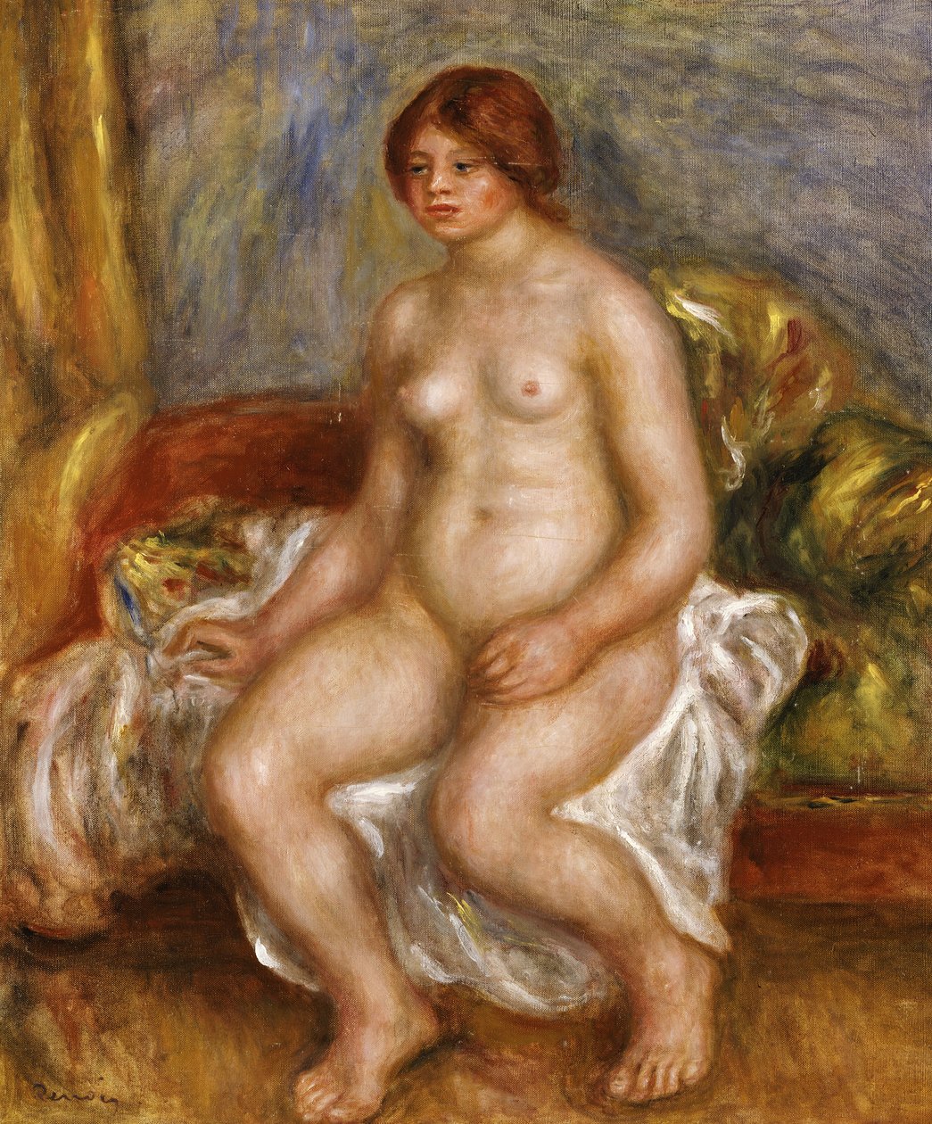 Naken kvinne på grønne puter, 1909 av Pierre Auguste Renoir
