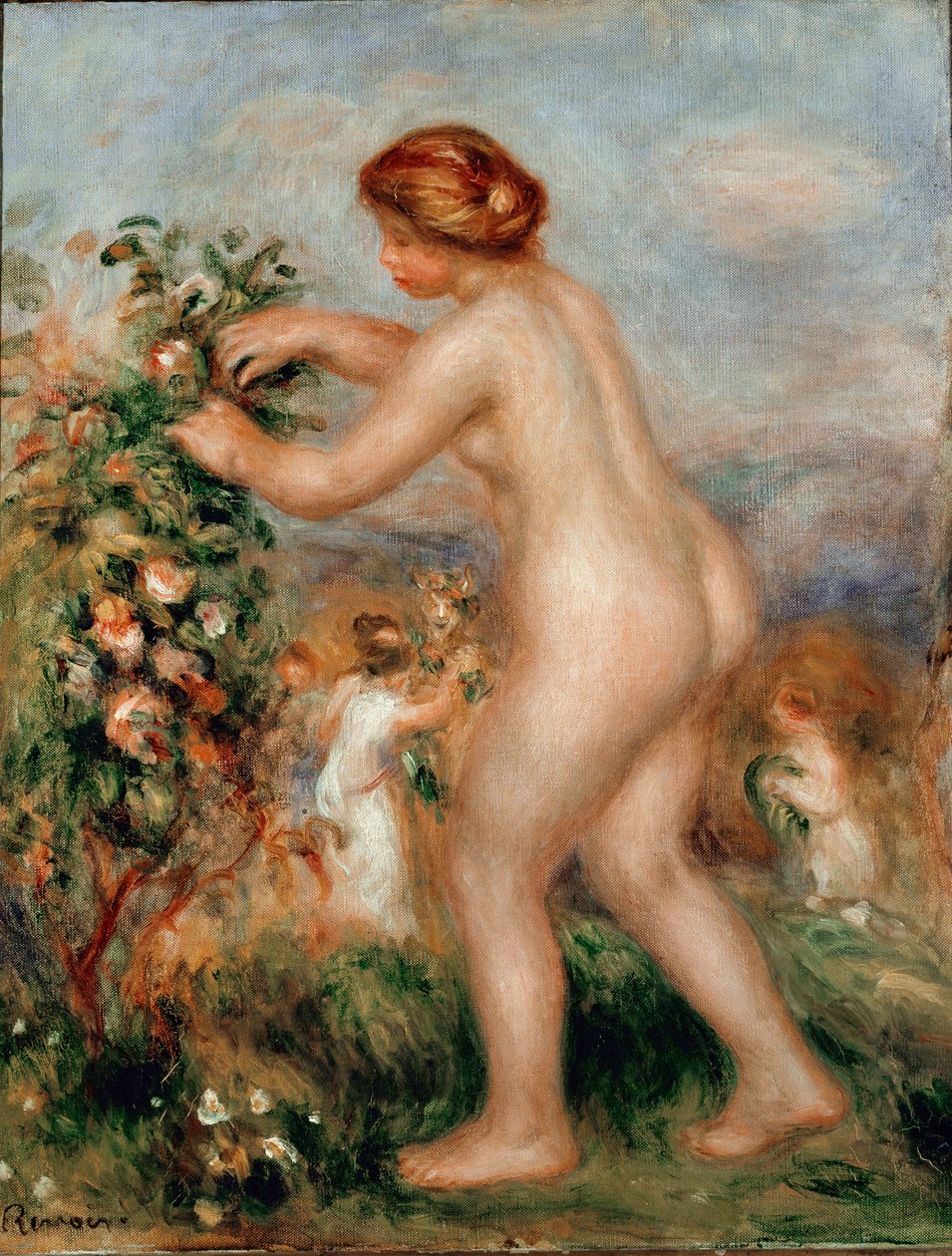 Ode til blomster. Naken kvinne som ceuilating roser har et rosetre. Maleri av Pierre Auguste Renoir (Pierre-Auguste av Pierre Auguste Renoir