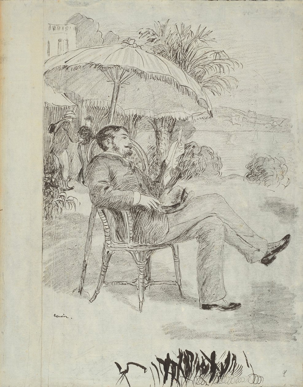 On the Terrace of a Hotel in Bordighera: Maleren Jean Martin anmelder hans regning (illustrasjon for Edmond Renoirs "L