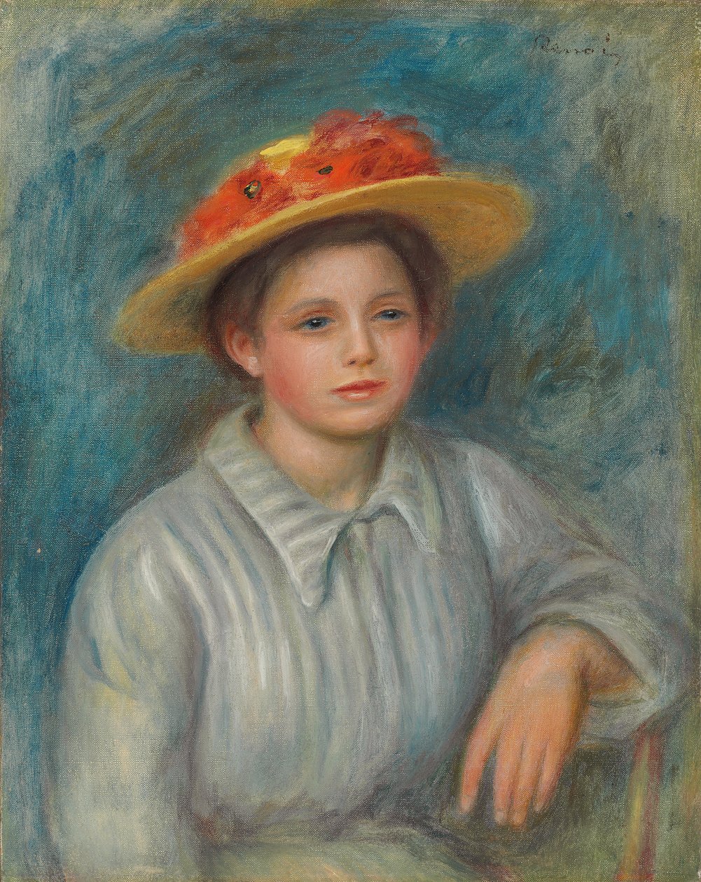 Portrett av en kvinne med en hatt med blomster; Portrett av en kvinne i en blomstret hatt, ca. 1890 av Pierre Auguste Renoir