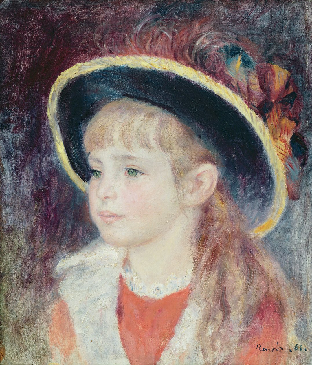 Portrett av en ung jente i en blå hatt, 1881 av Pierre Auguste Renoir