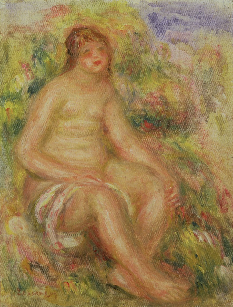 Sittende naken i landskapet av Pierre Auguste Renoir