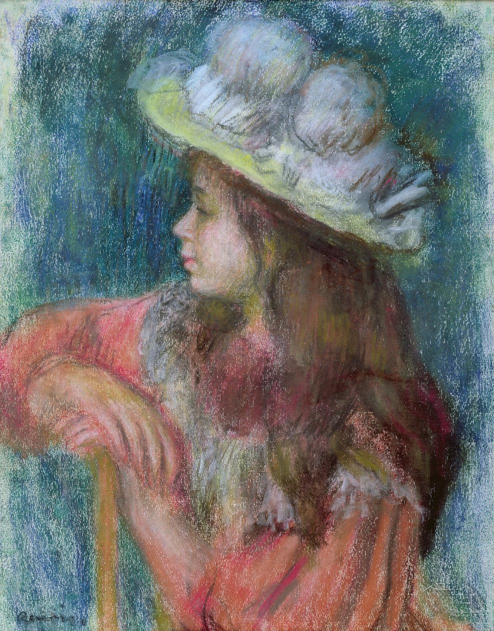 Sittende ung jente i en hvit hatt, 1884 (pastell på papir) av Pierre Auguste Renoir