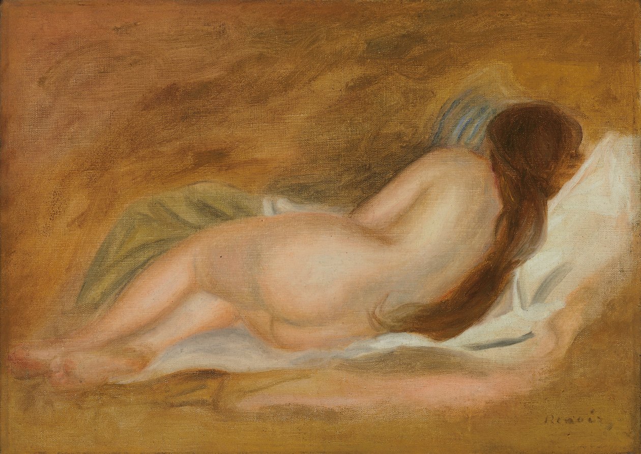Sove naken, bakfra, oker bakgrunn; Naken sofa, sett fra baksiden, på en okerbakgrunn, ca. 1885 av Pierre Auguste Renoir
