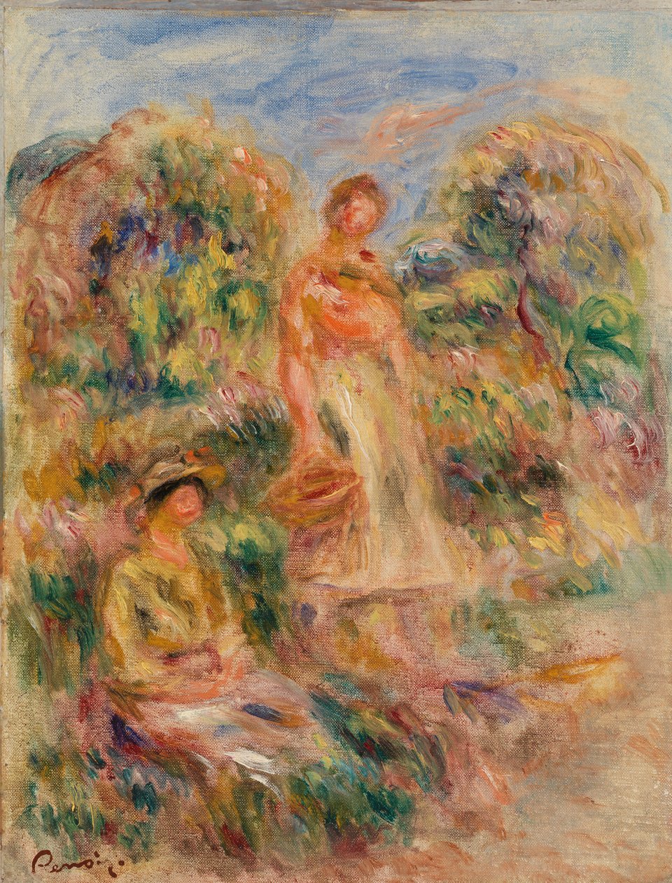 Stående kvinne og sittende kvinne i et landskap av Pierre Auguste Renoir