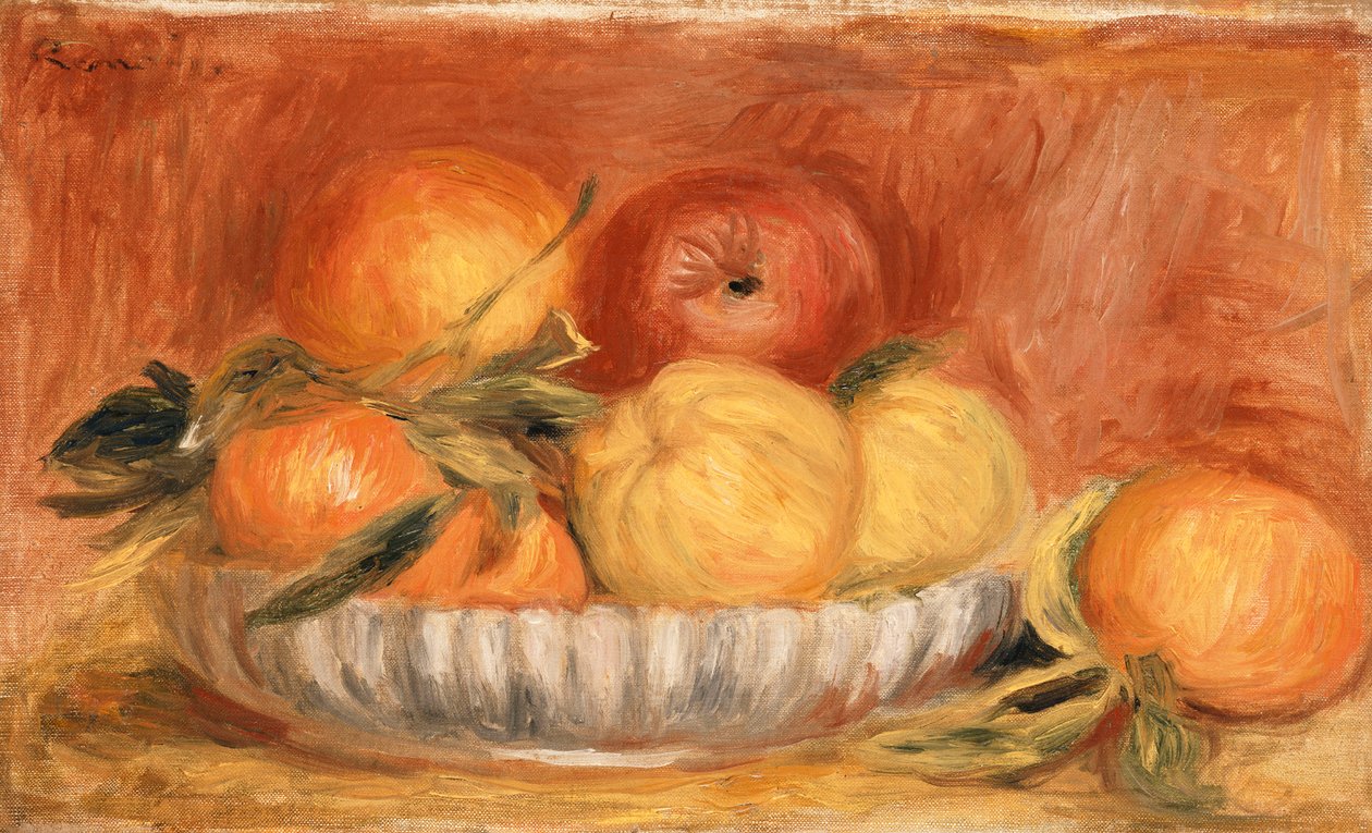 Stilleben med epler og appelsiner; Natur Morte aux pommes et appelsiner, sent på 1890-tallet av Pierre Auguste Renoir