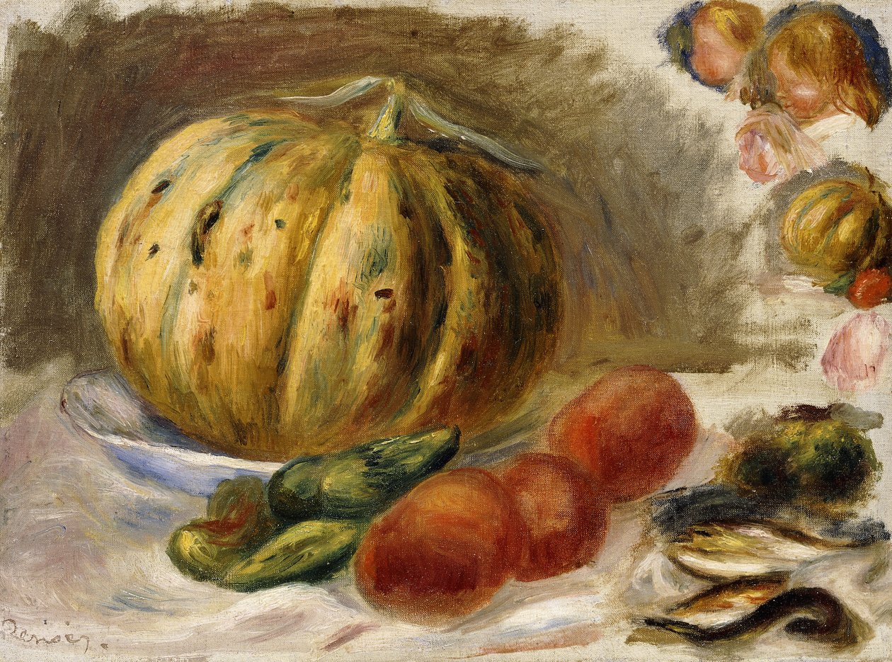 Stilleben med melon og tomater; Nature Morte au Melon et Tomates, ca. 1900 av Pierre Auguste Renoir