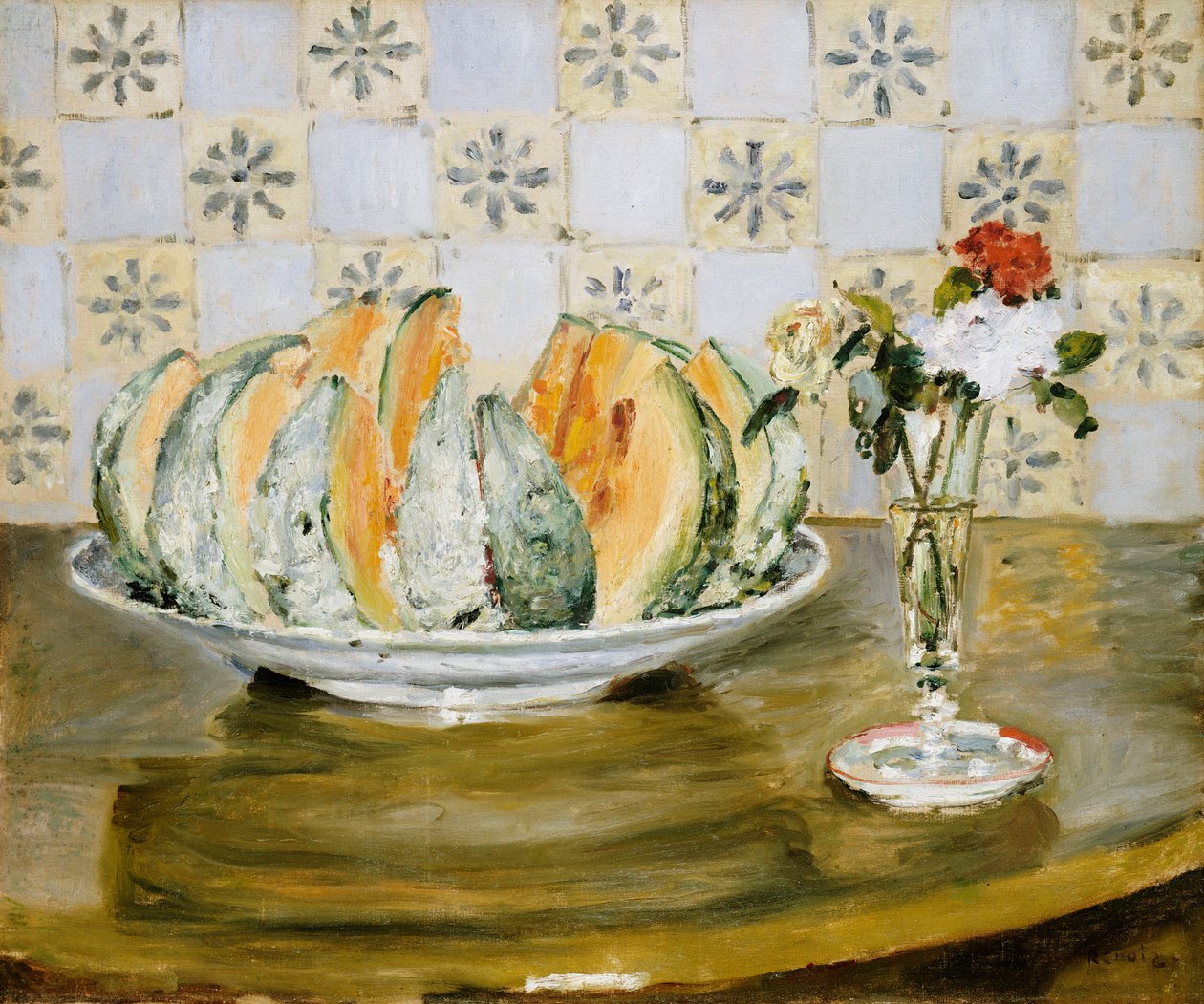 Stilleben av en melon og en vase med blomster, ca. 1872 av Pierre Auguste Renoir