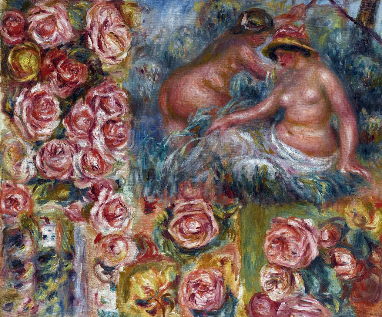 Studie av nakne kvinneskikkelser og blomster par Renoir, Pierre Auguste (1841-1919). Olje på lerret, størrelse: 54,6x64,7, ca. 1915, Privat samling av Pierre Auguste Renoir