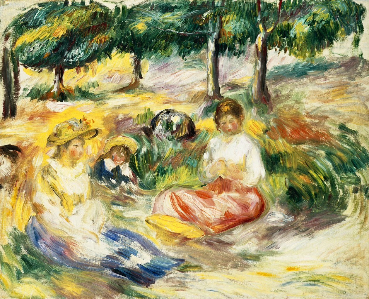 Tre jenter sitter på gresset; Tre unge jenter satt på gresset, 1896-1897 av Pierre Auguste Renoir
