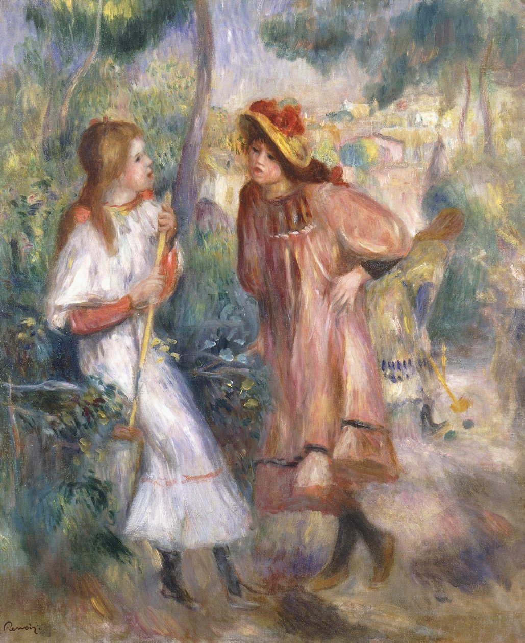 To jenter i hagen på Montmartre; To jenter i hagen til Montmartre, 1895 av Pierre Auguste Renoir