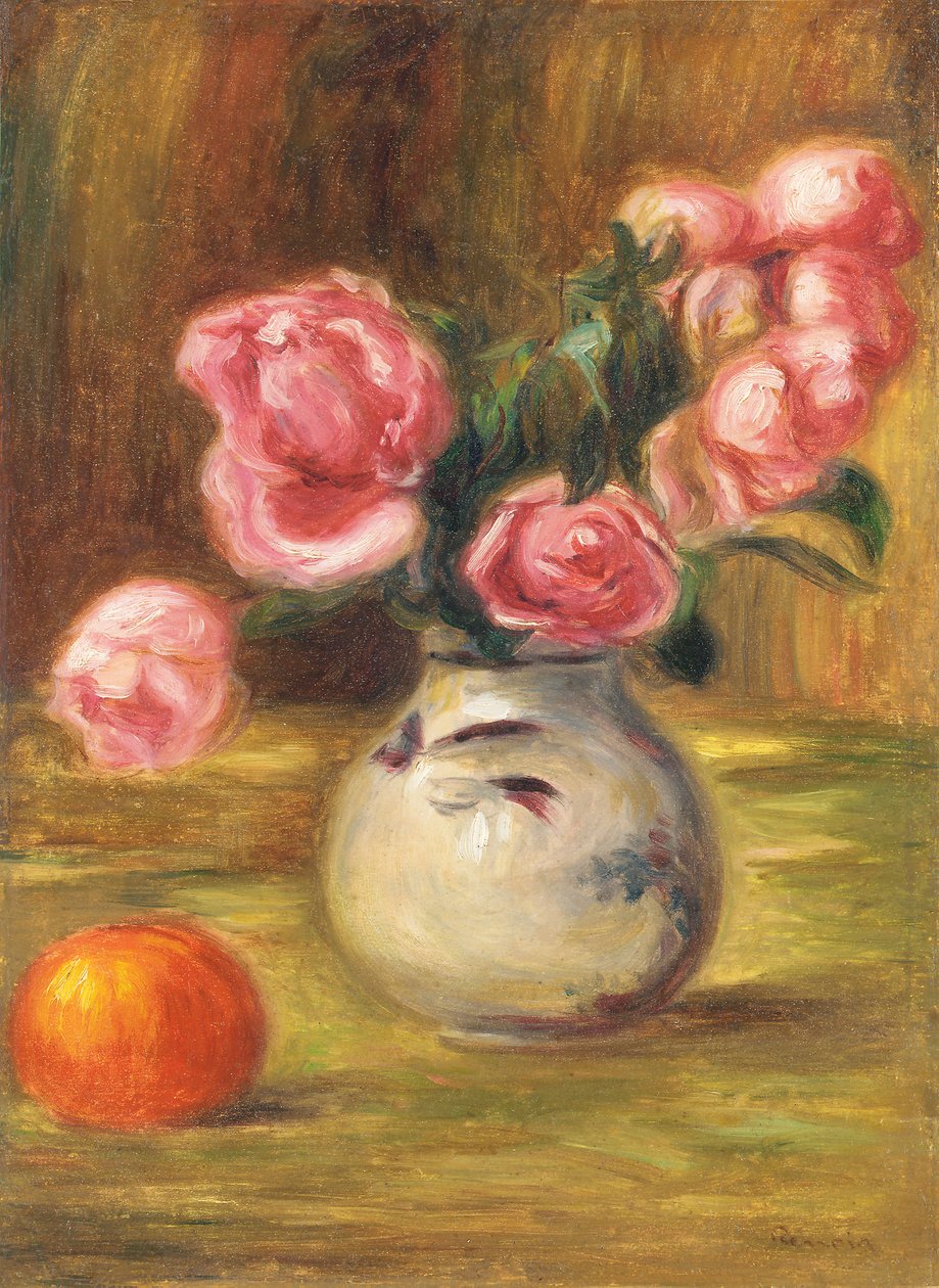 Vase med roser og en appelsin, 1910 av Pierre Auguste Renoir