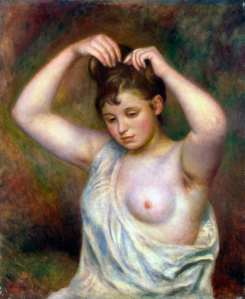 Kvinne som ordner håret, 1887. av Pierre Auguste Renoir