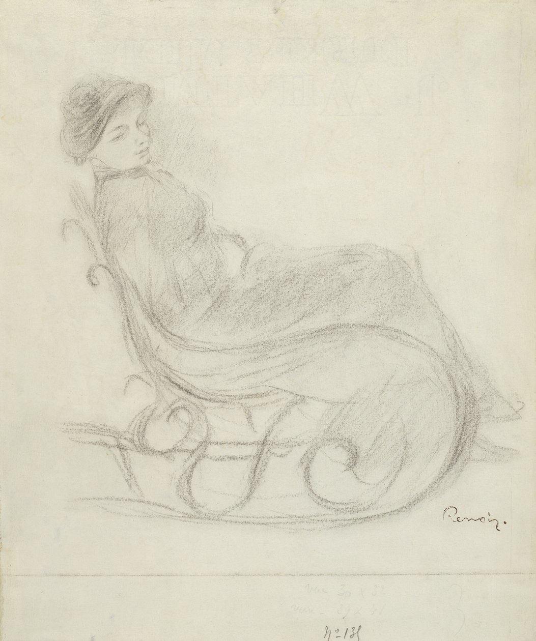 Kvinne sitter i en stol (recto); Kvinne i en stol, sett bakfra (verso) av Pierre Auguste Renoir
