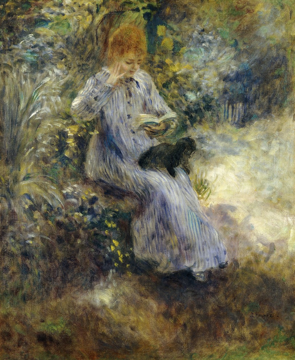 Kvinne og svart hund; Femme au Chien Noir, 1874 av Pierre Auguste Renoir