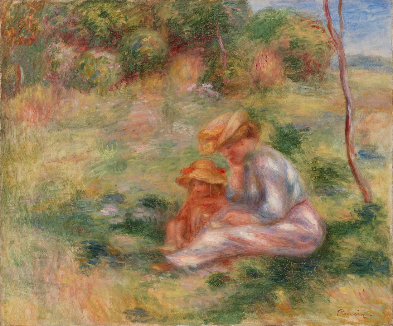 Kvinne og barn i gresset av Pierre Auguste Renoir
