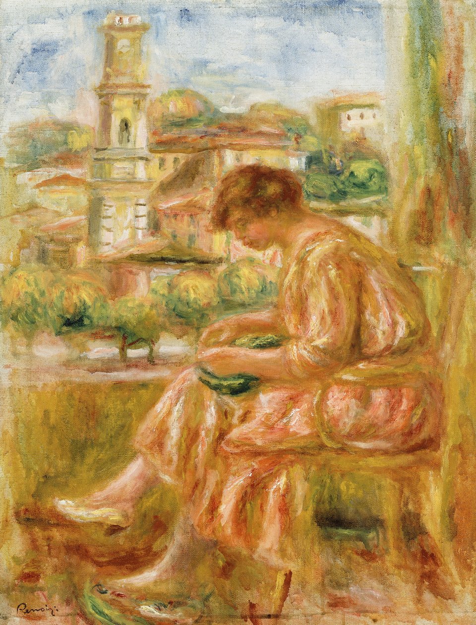 Kvinne ved vinduet med utsikt over gamle Nice, 1918 av Pierre Auguste Renoir