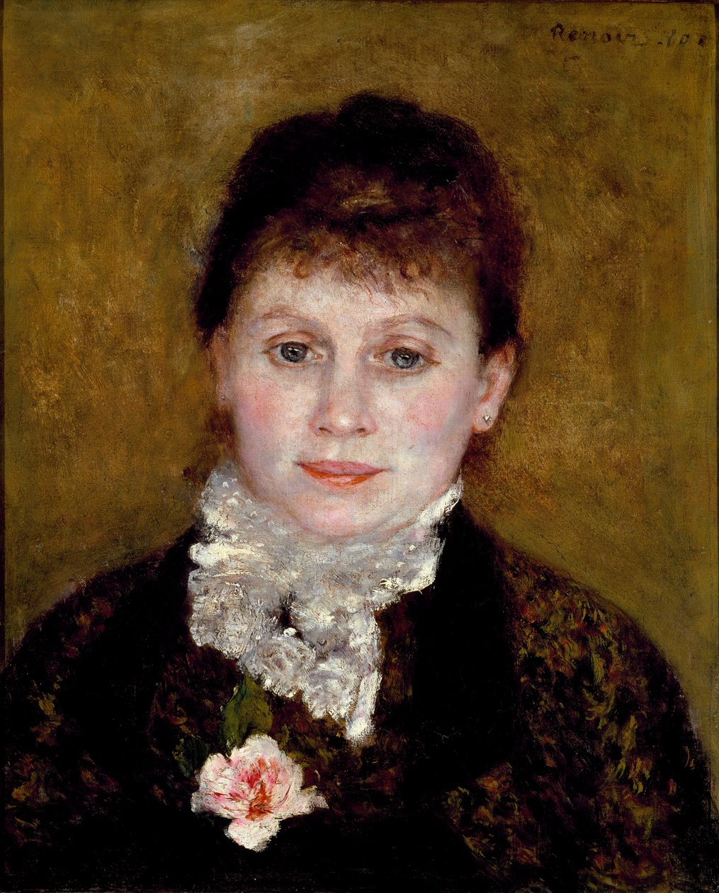 Kvinnen har hvit krage. Portrett av en kvinne med en rose av Pierre Auguste Renoir