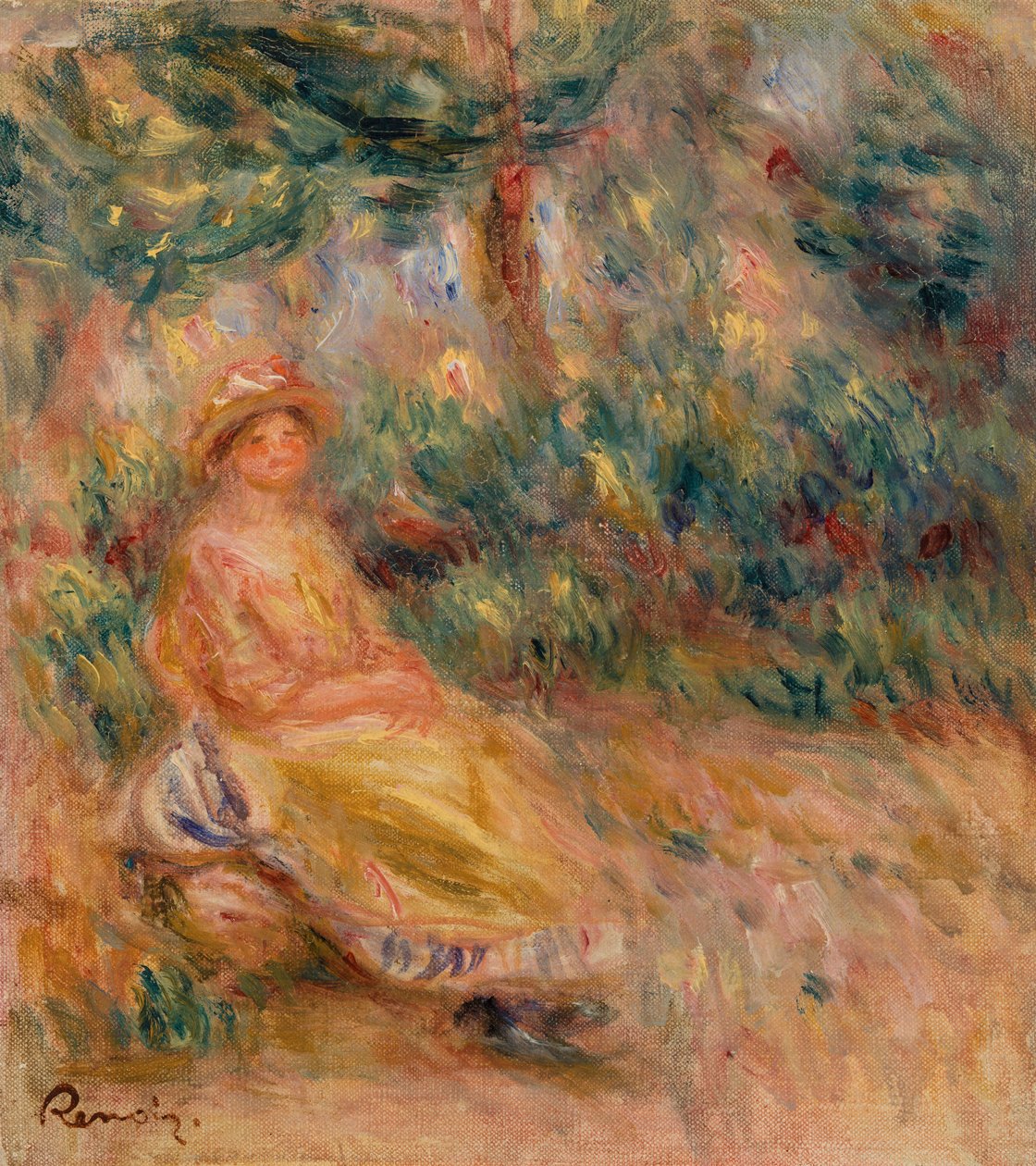Kvinne i rosa og gult i et landskap av Pierre Auguste Renoir