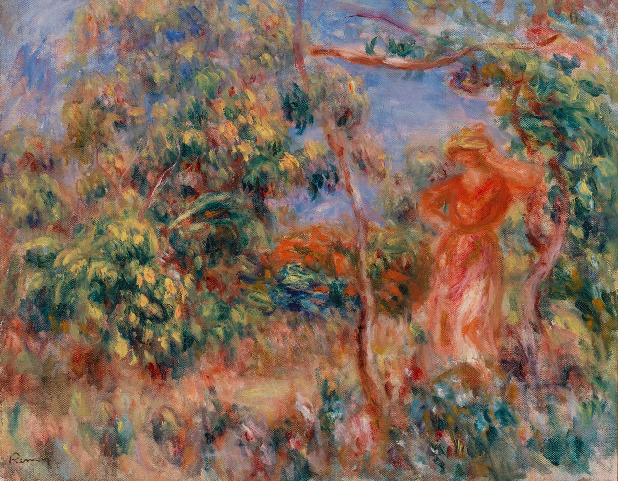 Kvinne i rødt i et landskap av Pierre Auguste Renoir