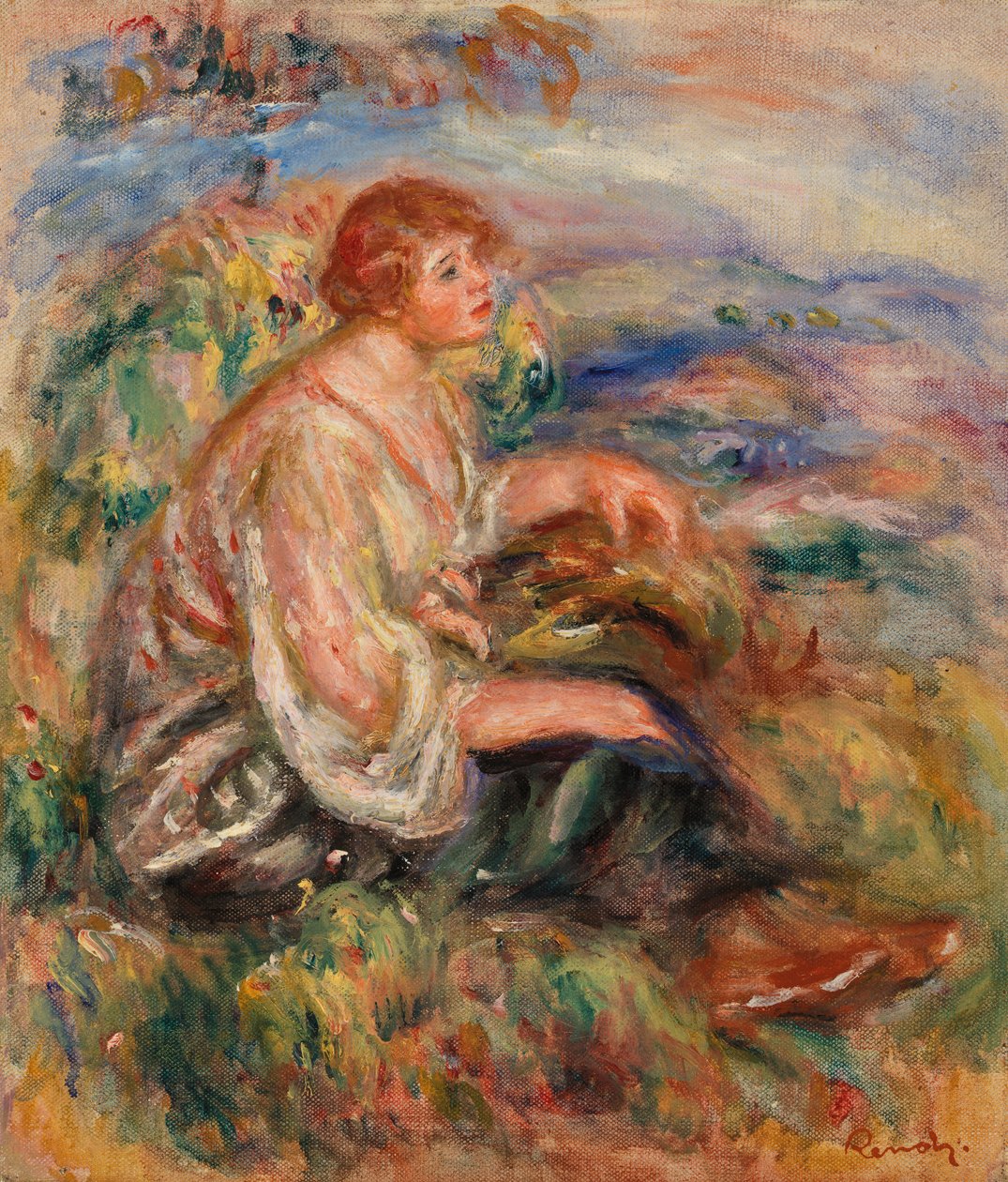 Kvinne i tyllbluse og svart skjørt av Pierre Auguste Renoir