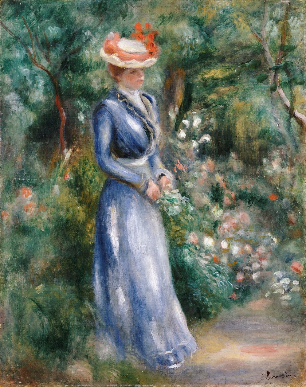 Kvinne i blå kjole står i hagen på Saint-Cloud av Pierre Auguste Renoir