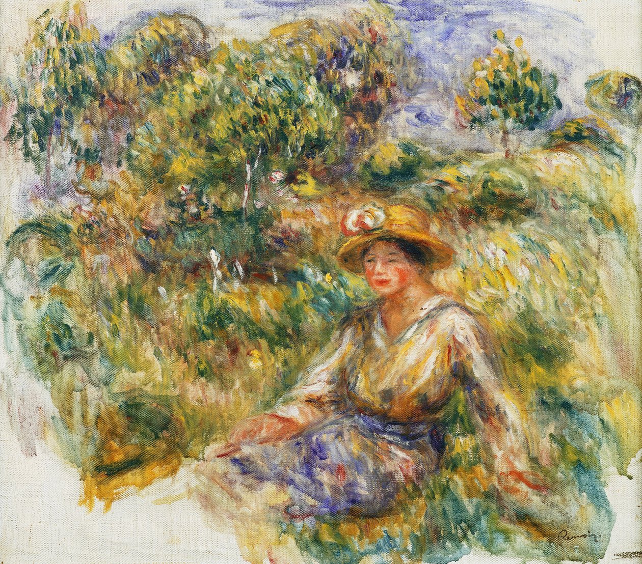 Kvinne i en blå hatt sitter på gresset; Kvinne i blått i hatt sitter på gresset, ca. 1916 av Pierre Auguste Renoir