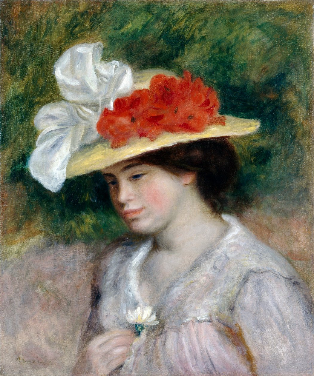 Kvinne i en blomstret hatt, 1889 av Pierre Auguste Renoir