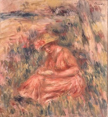 Kvinne sitter på gresset av Pierre Auguste Renoir