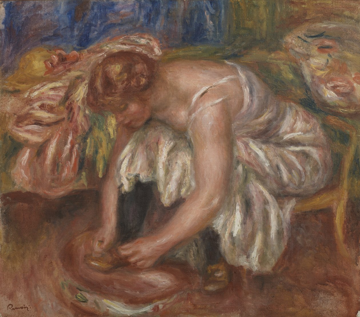 Kvinne som knytter skoen sin, ca. 1918 av Pierre Auguste Renoir