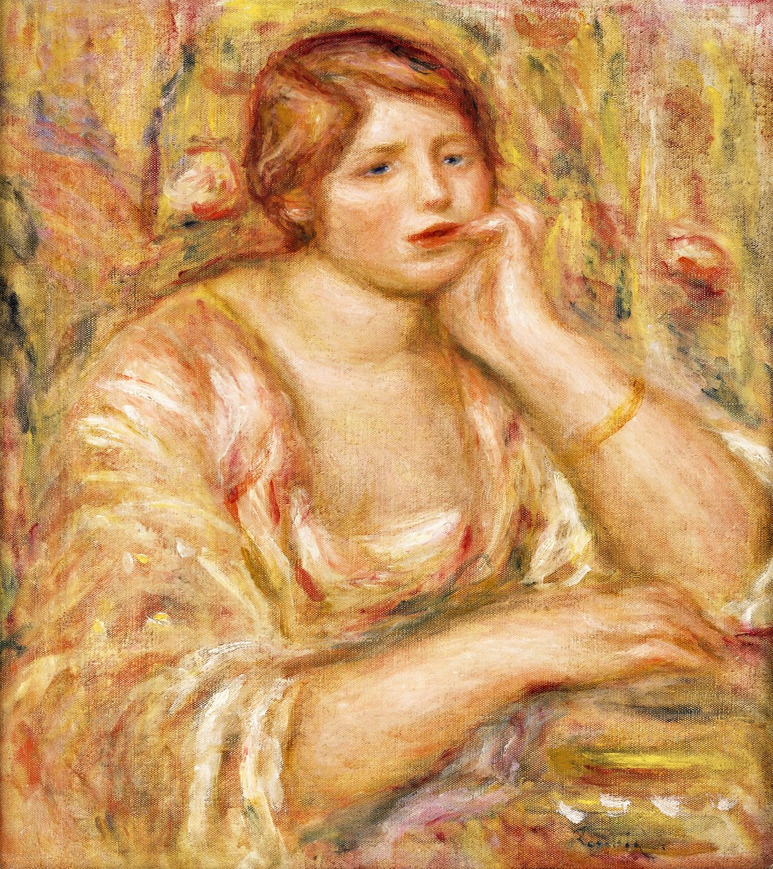 Kvinne med hånden mot ansiktet hennes; Femme de Face, Accoudee, 1919 av Pierre Auguste Renoir
