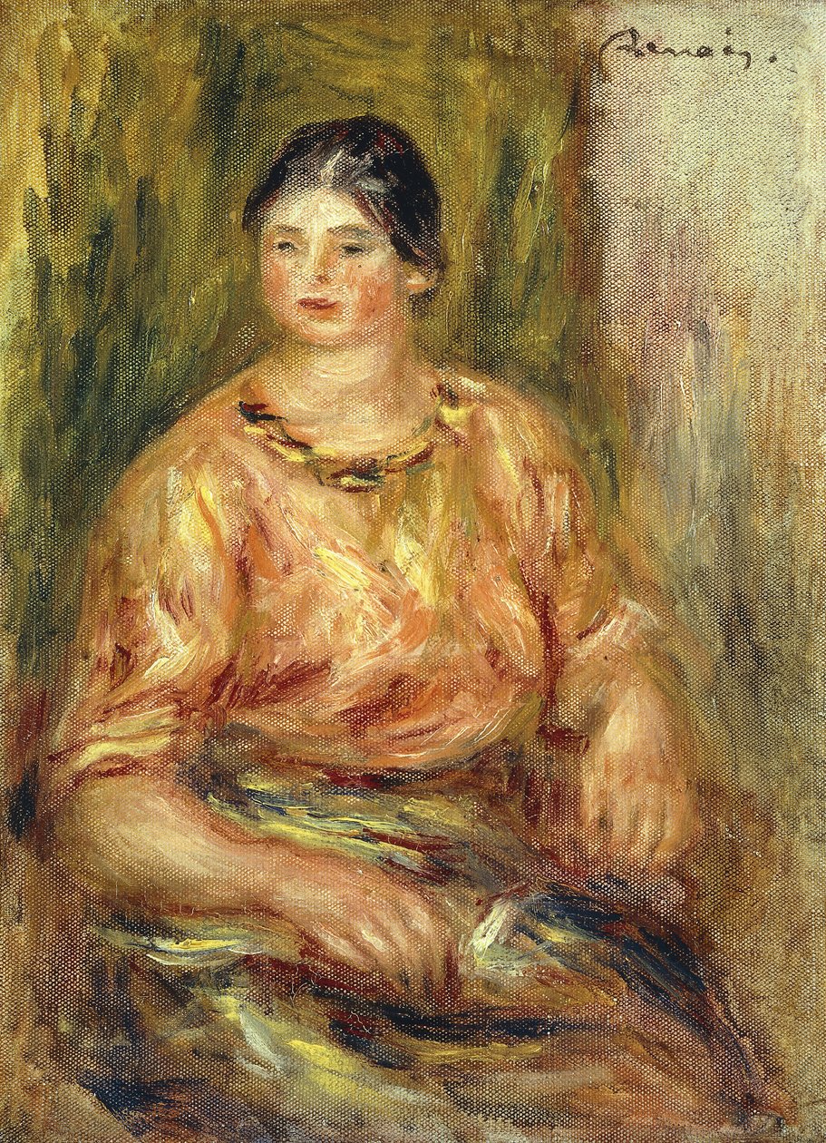 Kvinne med Rose Corsage; Femme au Corsage Rose av Pierre Auguste Renoir