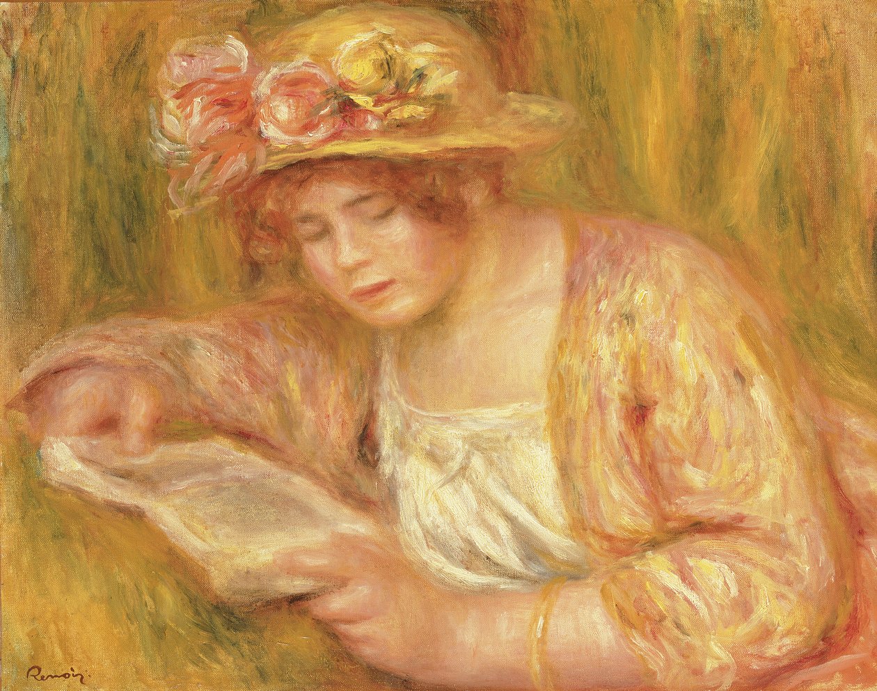 Woman with a Hat Reading, ca. 1917-18 (olje på lerret) av Pierre Auguste Renoir